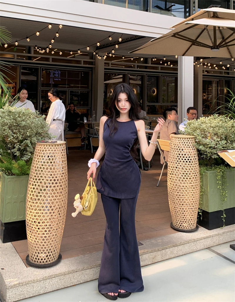 

Summer Pants Set with Halter Neck Sleeveless Sexy Top High Waist Loose Casual Flared Pants Two-piece Set Fashion Female Clothes