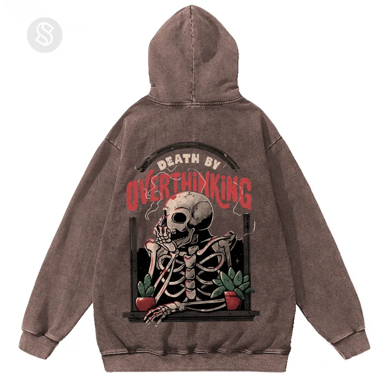 Washed Hoodies For Men, Overthing Skull Man Graphic Print Streetwear Men's clothing, 100% Cotton Long Sleeve Hooded Sweatshirts