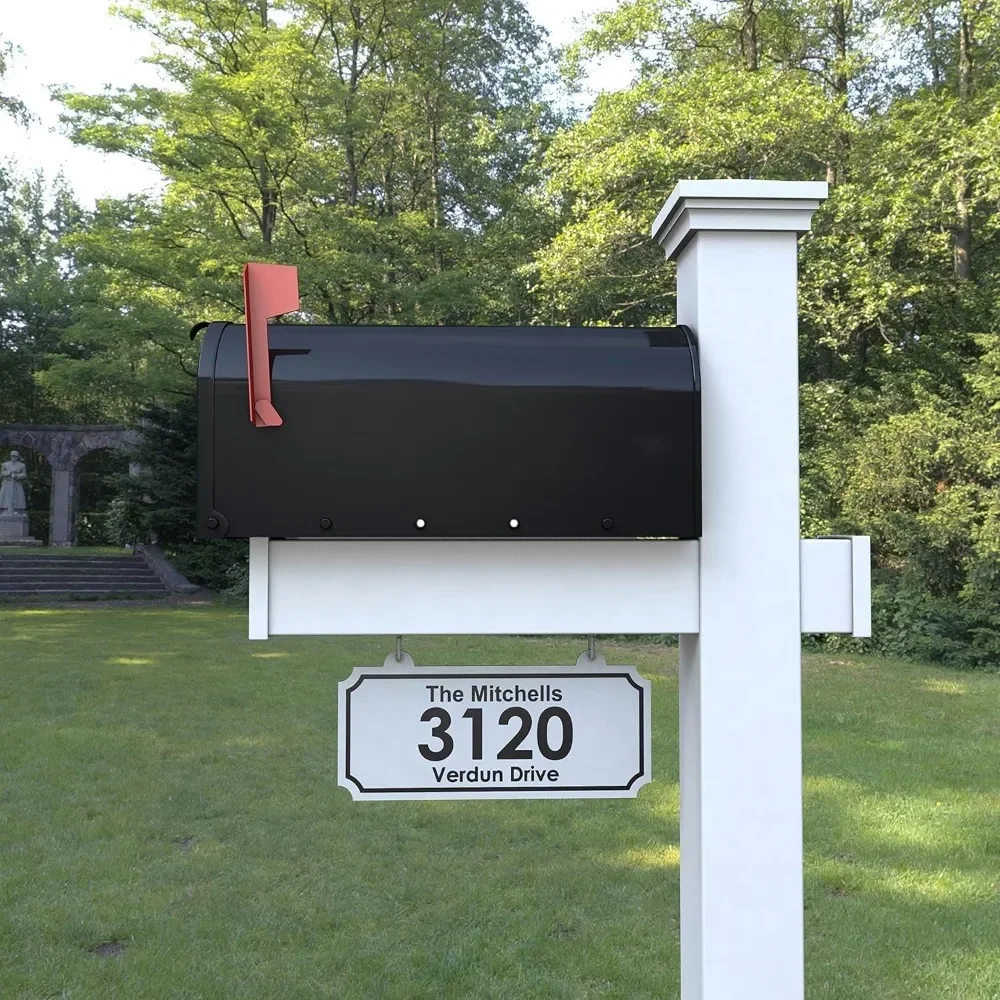 Vinyl Mailbox Post System - Includes Black Steel Mailbox and Custom Address Plate (White) modern mailbox