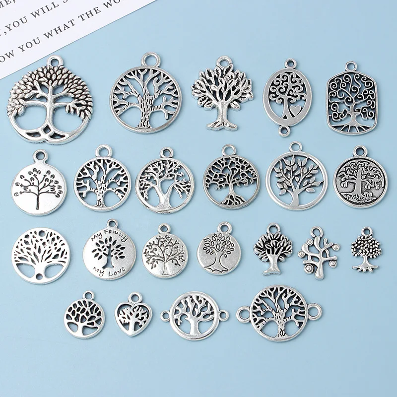 10pcs DIY Vintage Silver Round hollow Tree of Life Pendant Earring Creative Alloy Accessories Material charms for jewelry making