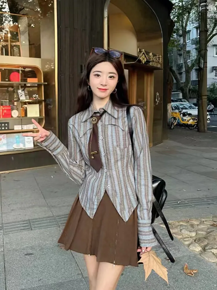 Striped Shirts Women Schoolgirls Slim Korean Preppy Style Chic Vintage Maillard Single Breasted Fashion College Gentle Popular