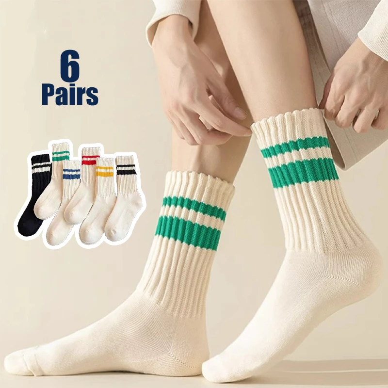 

6 pairs of multi-color stripes retro casual wear resistant men and women daily light sports