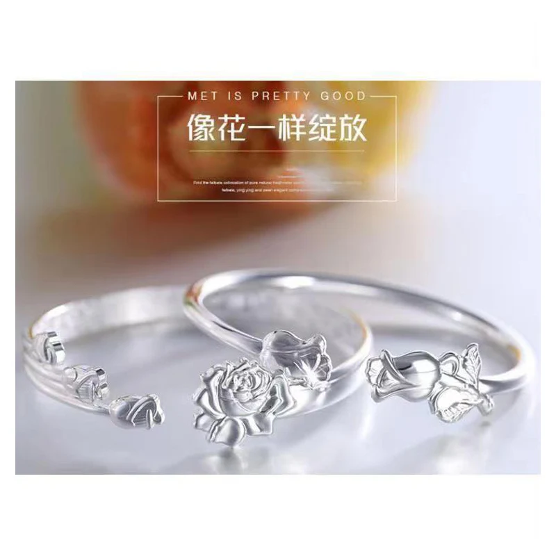 New 999 silver bracelet Women's three trumpet flower words sterling silver bracelet Simple opening silver bracelet wholesale