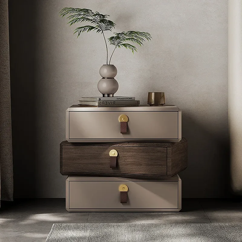 Italian minimalist solid wood creative rotating bedside table light luxury high-end bedroom white bedside table leather edge few