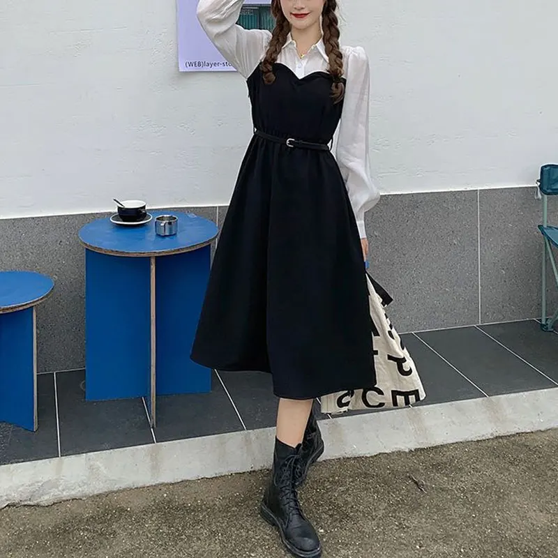 Commute Korean Polo-Neck Dresses Female Clothing Fake Two Pieces Patchwork Basic Spring Autumn Fashion Sashes A-Line Midi Dress