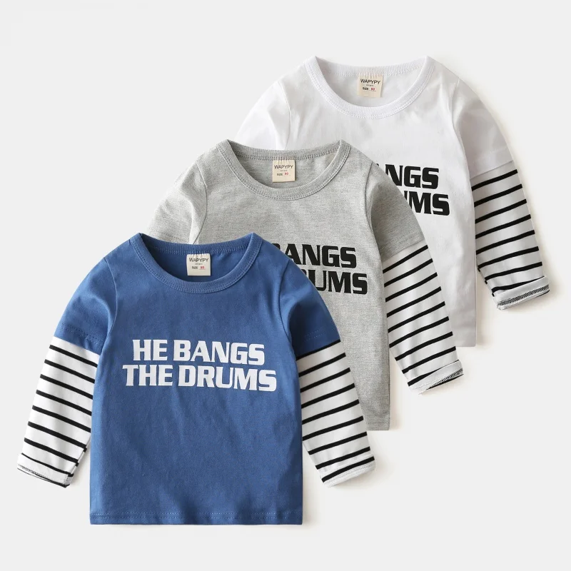 

Children's Long SleeveTT-shirt Children's Clothing Wholesale Baby Bottoming Shirt Boys' Patchwork Sleeve Top round Neck Letter T