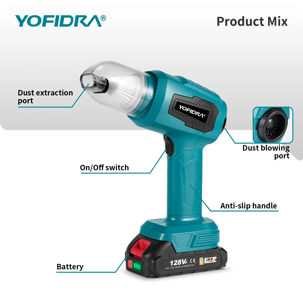 YOFIDRA Cordless Electric Vacuum Cleaner Blow Suction Dual Use Portable Rechargeable with 7 Accessories For Makita 18V Battery