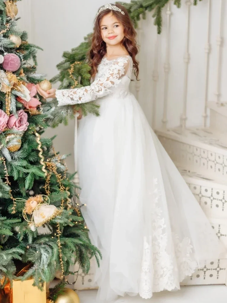 White Lace Appliques Long Sleeve For Wedding Birthday Prom Banquet Holy Communion Gowns Customized Flower Girl Dresses
