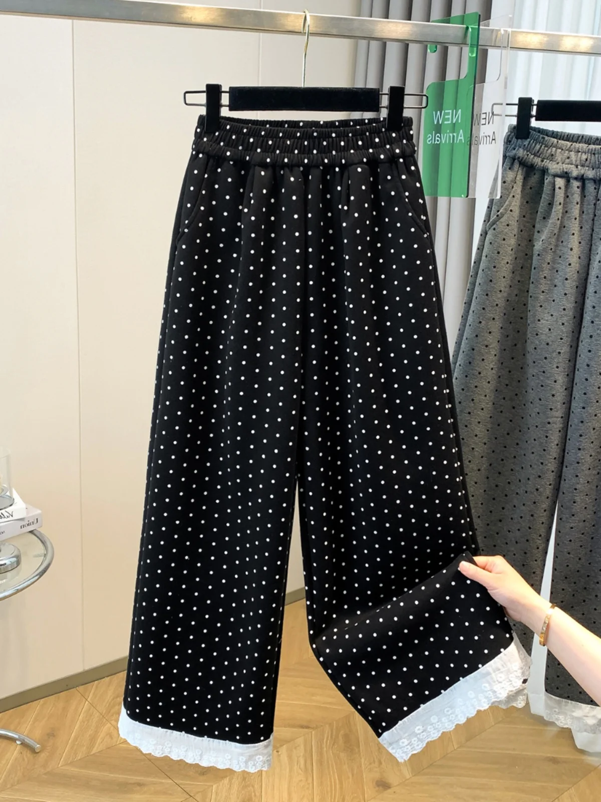Retro Polka Dot Breite Bein Hosen Spitze Patchwork Elastische Taille Beiläufige Gerade Leggings Frühling Sommer plus Größe frauen Kleidung