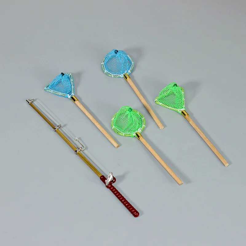 1set Dollhouse Mini Fishing Rod Fishing Net Combination Pack Model Playhouse Doll House Fish Play Set Decor Ornament Accessory