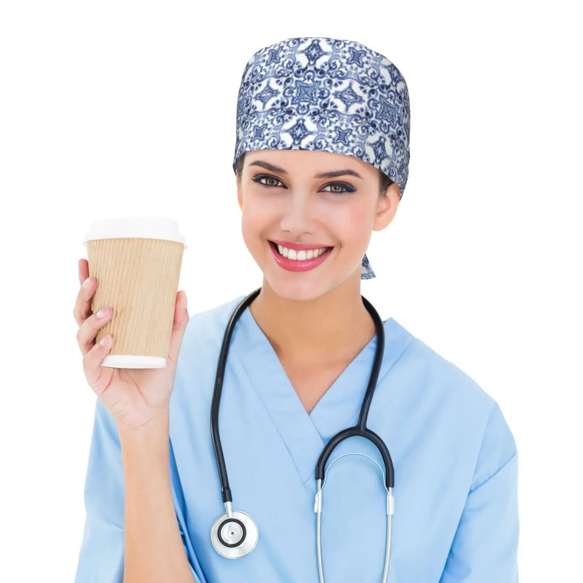 Blue Ornate Floral Mediterranean Sicilian Tile Scrub Hat Doctor Working Surgical Cap Unisex Adjustable Nursing Caps for Dentist