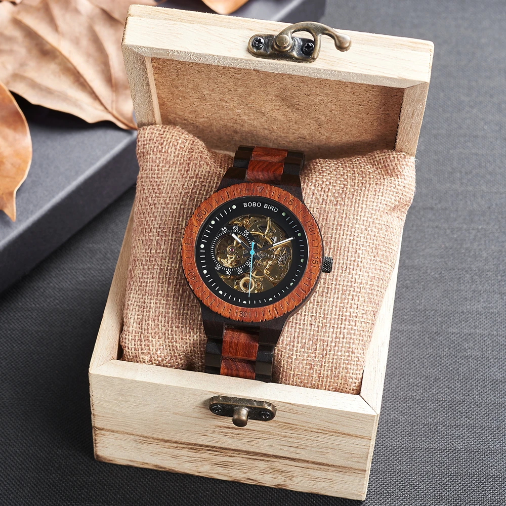 Imagem -03 - Relógios Mecânicos Automático Homem Relógio para Homem Reloj Hombre Luxo Masculino Relógio de Pulso Relógios de Madeira Personalizado Bobobird