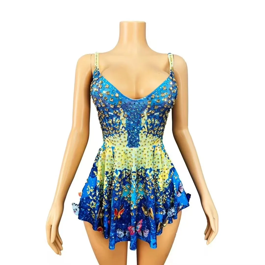 

Women Mini Dress Halloween Party Blue Butterfly Rhinestones Nightclub Party Carnival Rave Outfit Singer Dancer Sexy Stage Dress