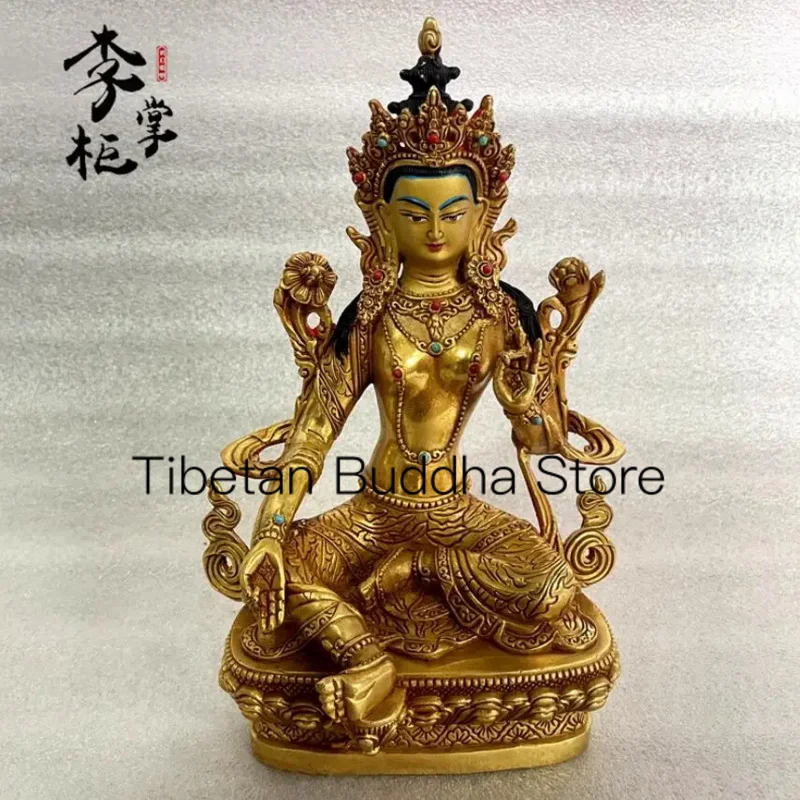 

21cm Nepalese Esoteric Tibetan Gilded Pure Copper Green Tara Buddha Statue Ornament