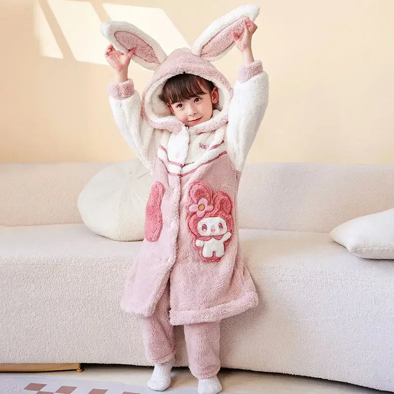 

My Melody Kuromi Anime Kawaii Sanrio Ins Fashio Children Nightgown Coral Velvet Thick Pajamas Cute Warm Home Wear Clothing Toys