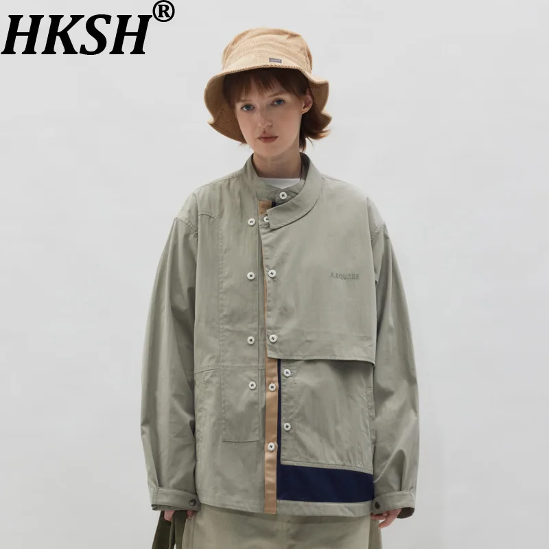 HKSH ربيع الخريف جديد رجل سفاري نمط شبكة المرقعة قميص اللون كتلة حزام سترة متعددة زر طباعة معاطف الموضة HK13730