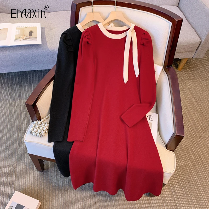 

EHQAXIN Women's Knitted Dress Autumn Winter New 2023 Fashion Elegant Bow Loose Sweater Pullover A-Line Dresses Ladies M-4XL