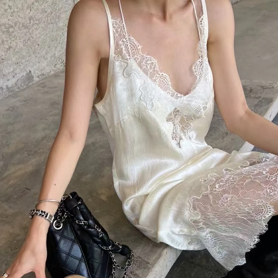 Sexy Splicing Lace Strap Dresses for Women Robe Vintage Silky Smooth Deep V-neck Slim Sleeveless Interior Dress Dainty Vestidos