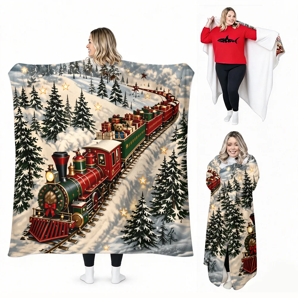1PC Christmas Train Pattern Wearable Blanket-Soft and comfortable, unisex, perfect for holiday lounging, winter warmth and holid
