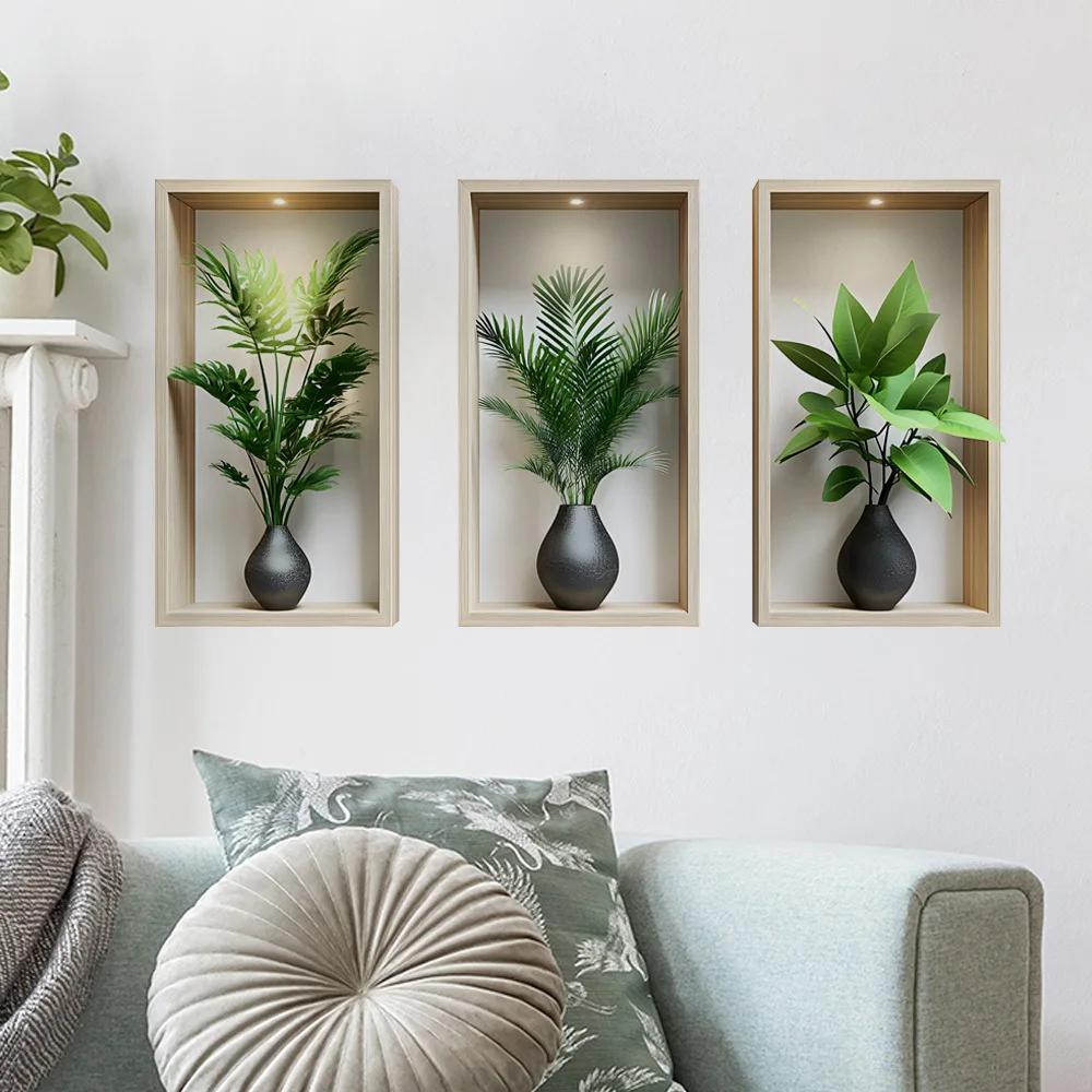 Green Plants Wall Sticker Potted Mural Simulation Painting for Living Room Home Decor Background Wall Art Removable Decals