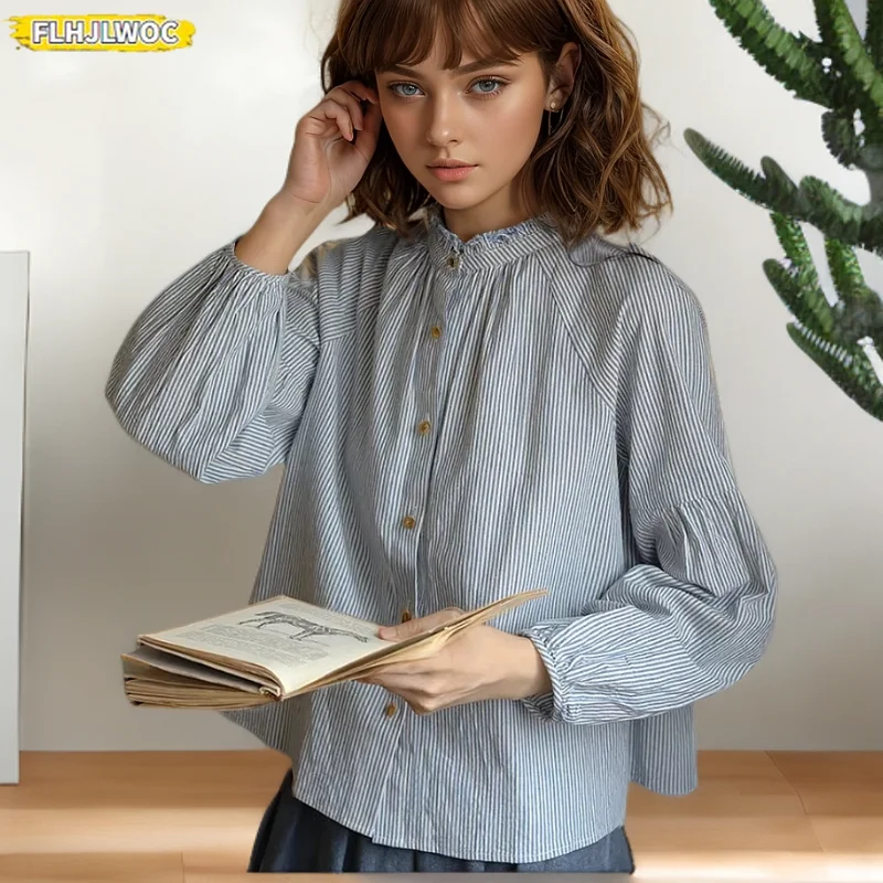 2025 Cotton Tops Basic Shirts Blouses Women Fall Basic Retro Vintage Blue Striped Top Chic Japan Korea Clothes Design Blusas