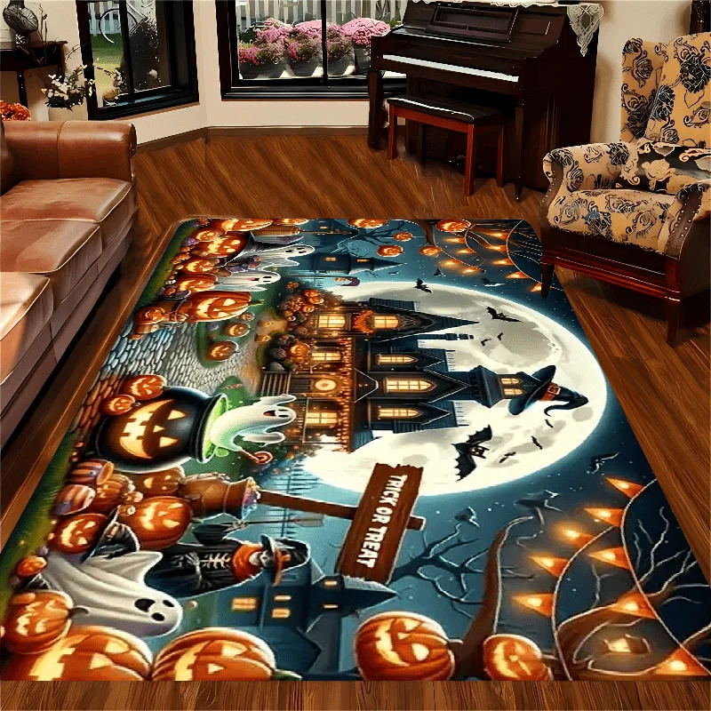 Spooky Holiday Floor Rug Halloween Pumpkin Skull Haunted Mansion Pattern Stylish Decor Area Rug for Living Space Home Ornament
