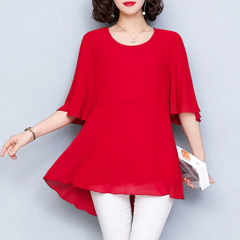 Basic Solid Color Pullovers Half Sleeve Loose Summer Stylish Irregular Korean Women\'s Clothing Commute Round Neck Casual T-shirt