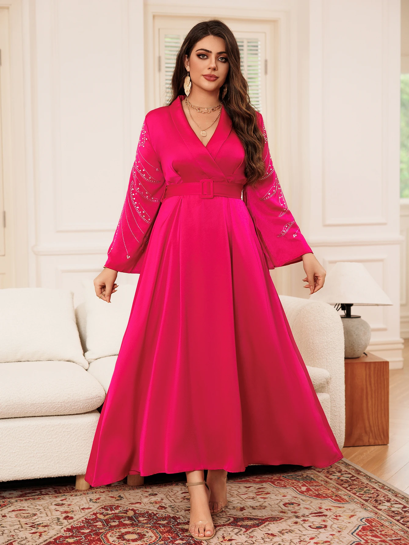 Rose Women\'s Arabic Dress Long-sleeved V-neck Rhinestone With Belt Comfortable And Elegant Loose For Party Abaya Dubai Luxury