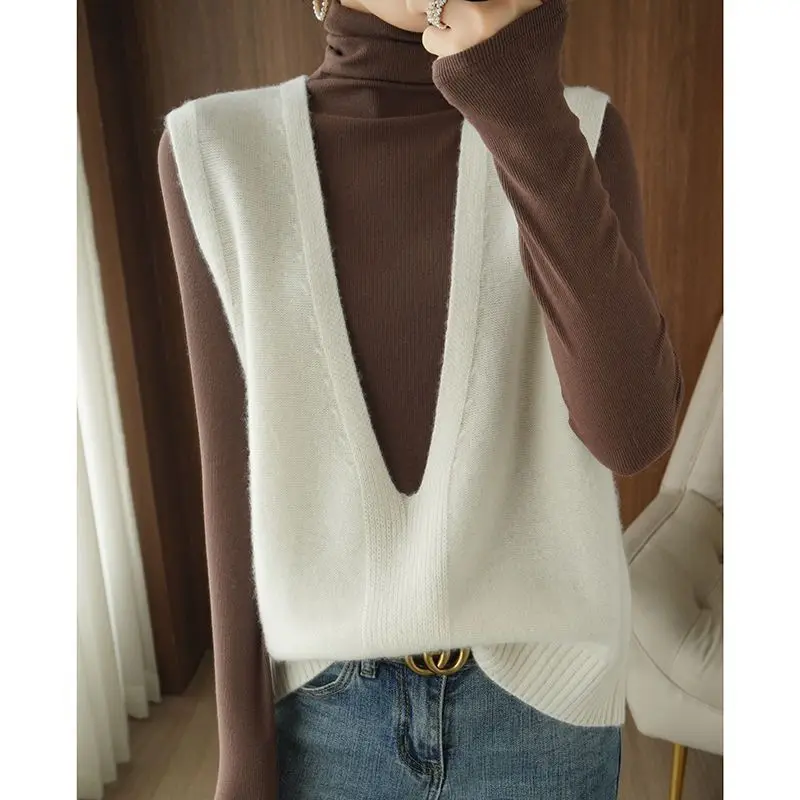 

Autumn And Winter Knitted Pullover Vest Loose Big V-Neck Fashion All-Match Solid Color Outer Wear Sexy Regular Women's Sweater