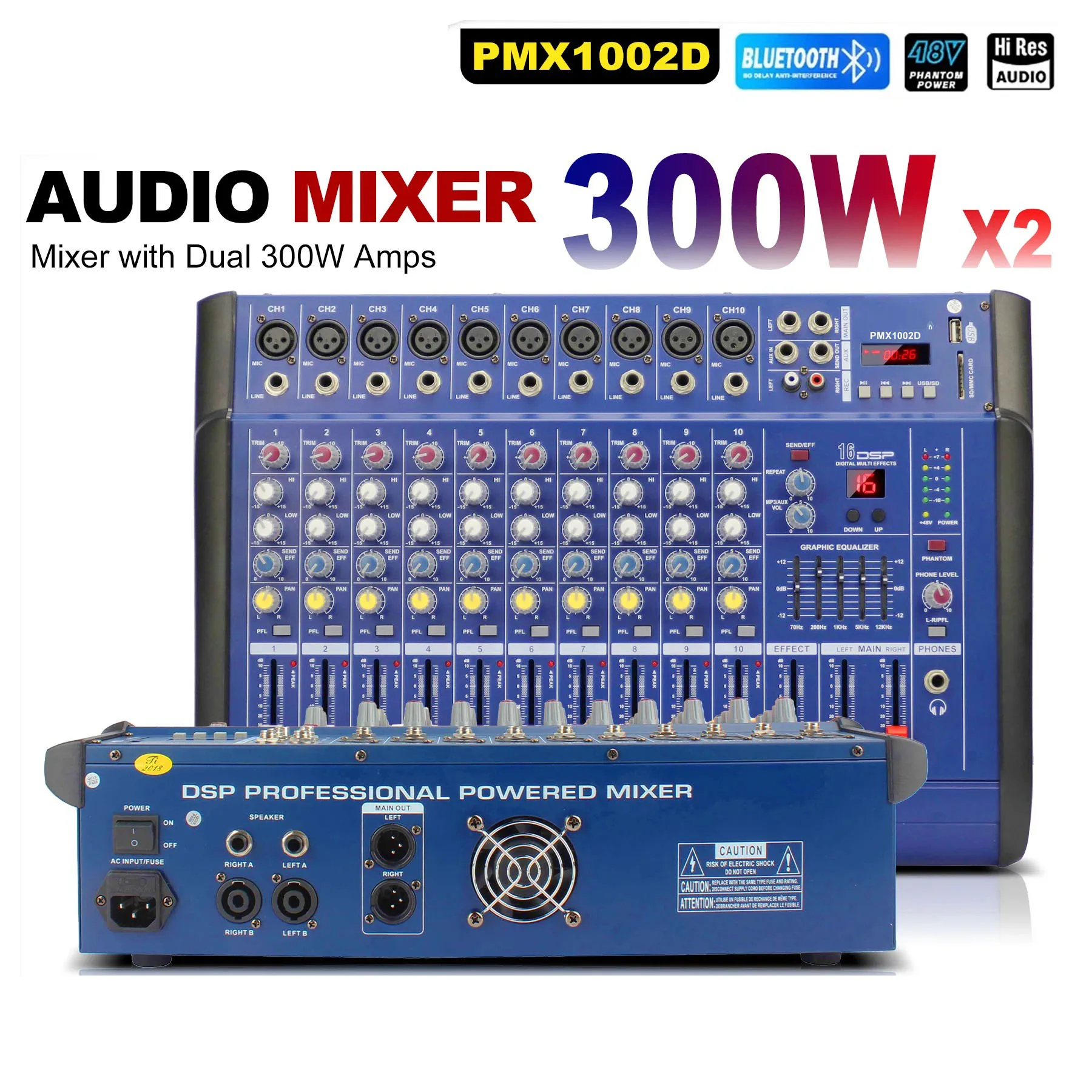 4/6/8/10/12CH Powered Mixer 2x300W Bluetooth 16 DSP Effects 48V Phantom Power 2-Band EQ Live Streaming Karaoke Church view 5