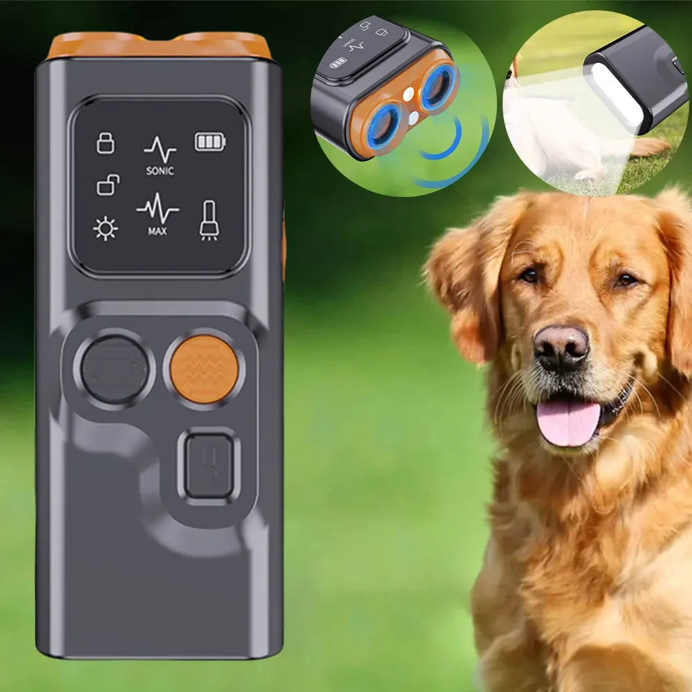 Dog Bark Deterrent Device with Dual Ultrasonic Emitter, Anti-Bark Device for Dog Training Aid with Ultra-Bright LED Flashlight