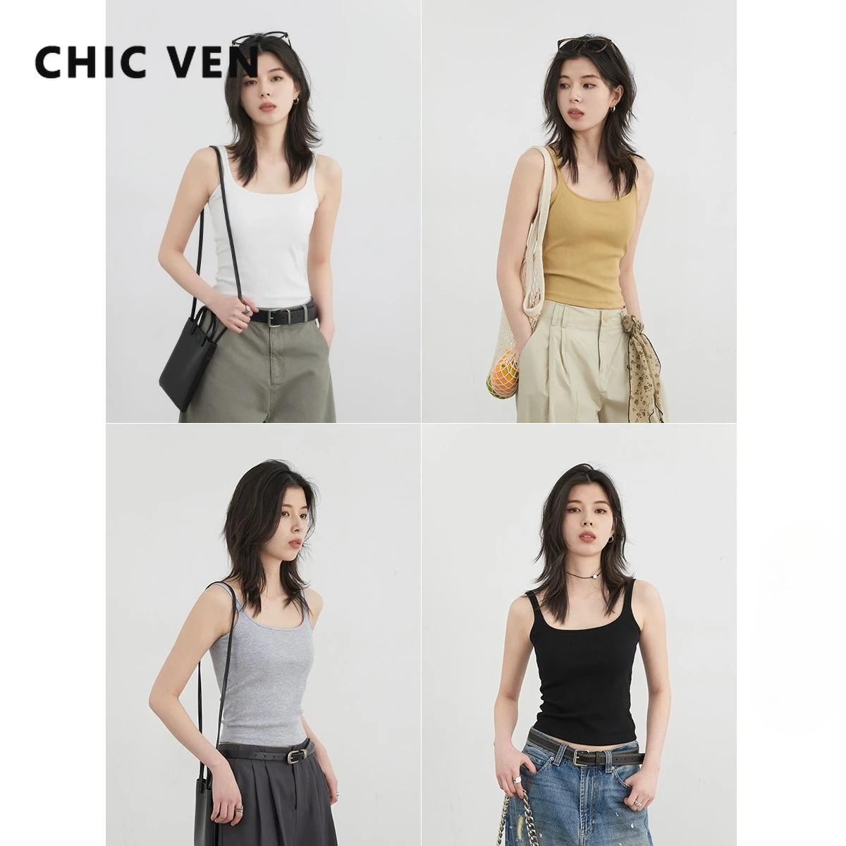 CHIC VEN Women Tanks Solid Slim New Multi Colored Optional Knitted Vest with Chest Pad Basic Female Tees Pullover Summer 2025