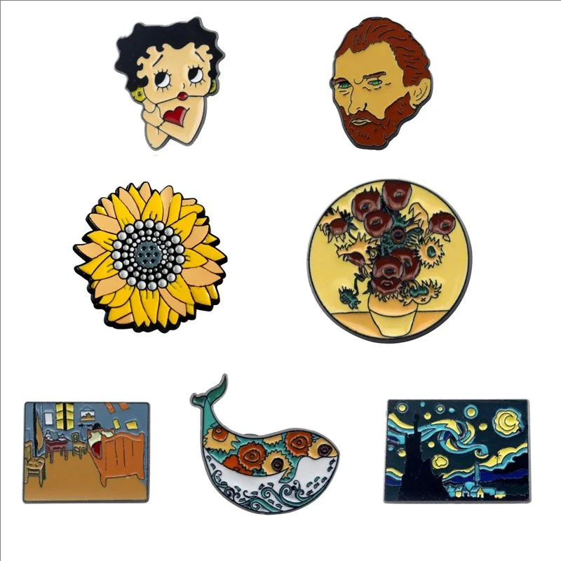 Artist Vincent Willem Van Gogh Art Portrait Enamel Brooch Sunflower Chrysanthemum Lapel Pin Oil Painting Badge