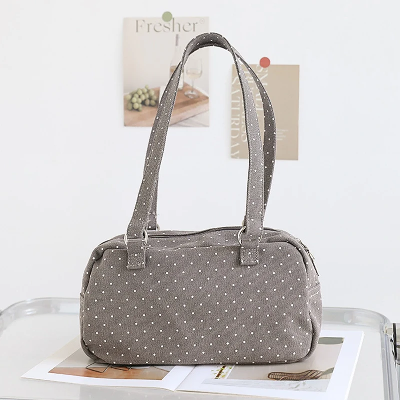 Mehrfach-Taschen-Schultertasche mit Polka Dots, Damen-Canvas-Tragetasche, Koreanische Lässige Süße Niedliche Pendler-Einkaufs-Reisetasche – Detail 2