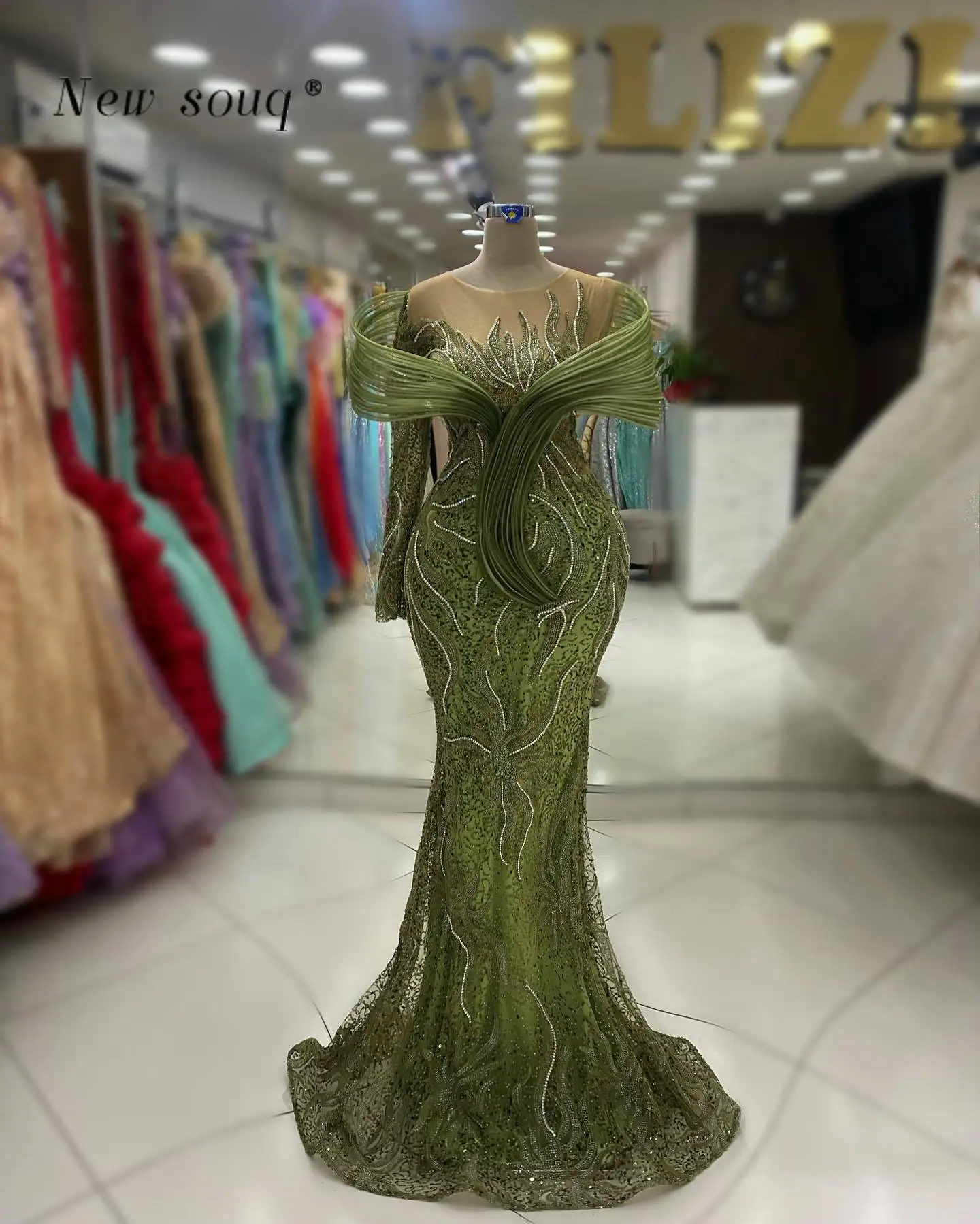 Robe de soirée sirène longue verte militaire, tenue arabe à manches longues, pour Occasions formelles, robes de soirée pour mariages