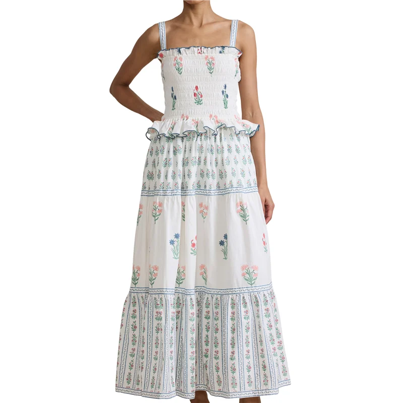 A83F-Vestido bohemio de verano para mujer, vestido con hombros descubiertos Y2k, vestido largo fluido con volantes y volantes, vestido veraniego para playa y vocación