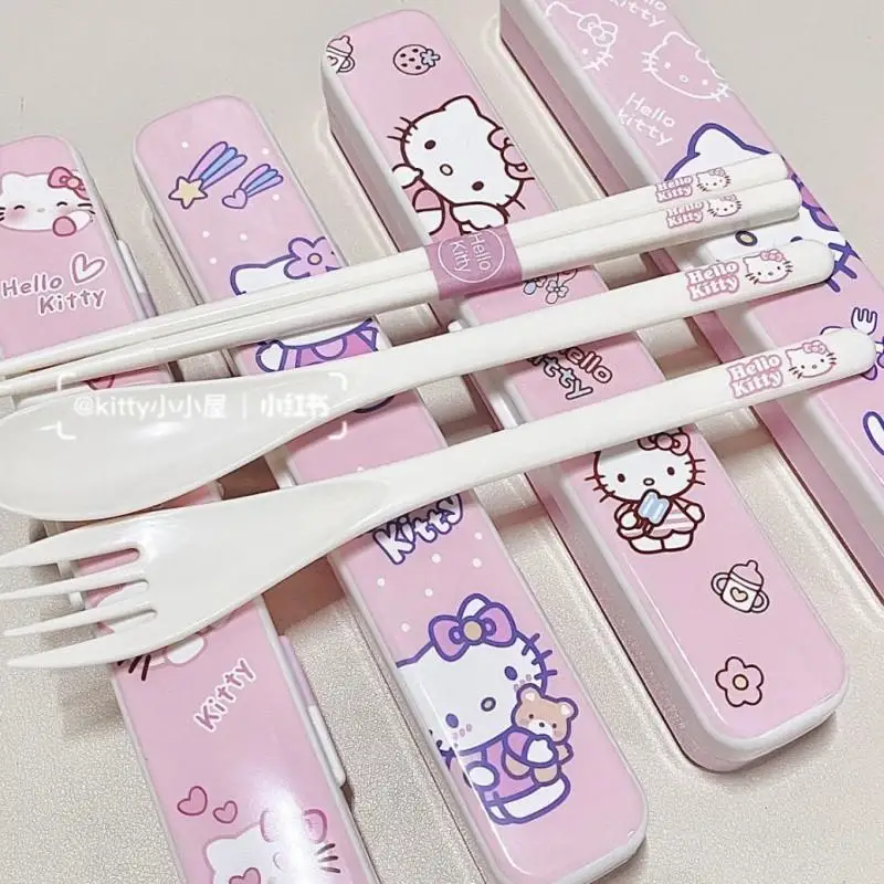 

Милая мультяшная посуда «Hello Kitty», палочки для еды, ложка, вилка, набор, портативный, красивый, 3 шт., в штучной упаковке, модный праздничный подарок