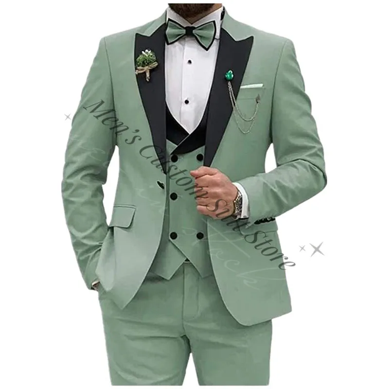 Sage Green Men Suits Slim Fit 3 Pieces Set (Blazer+Vest+Pants) Business Men Wedding Grooms Tuxedos Prom Party Business Wear