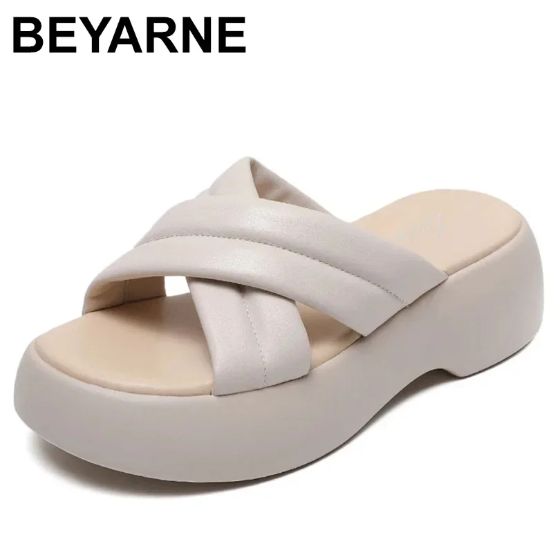 

Concise Women Chunky Platform Slippers Summer Outside Casual Slides Cross Genuine Leather Open Toe Wedges Heel Slippers