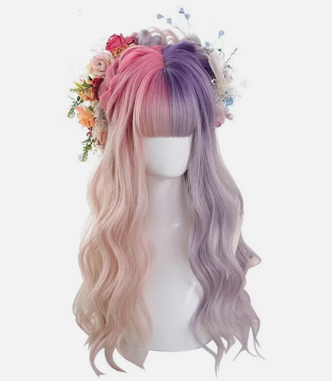 Pink And Purple Gradient Lolita Wigs Long Wave Cosplay Wig Bangs Harajuku Hair