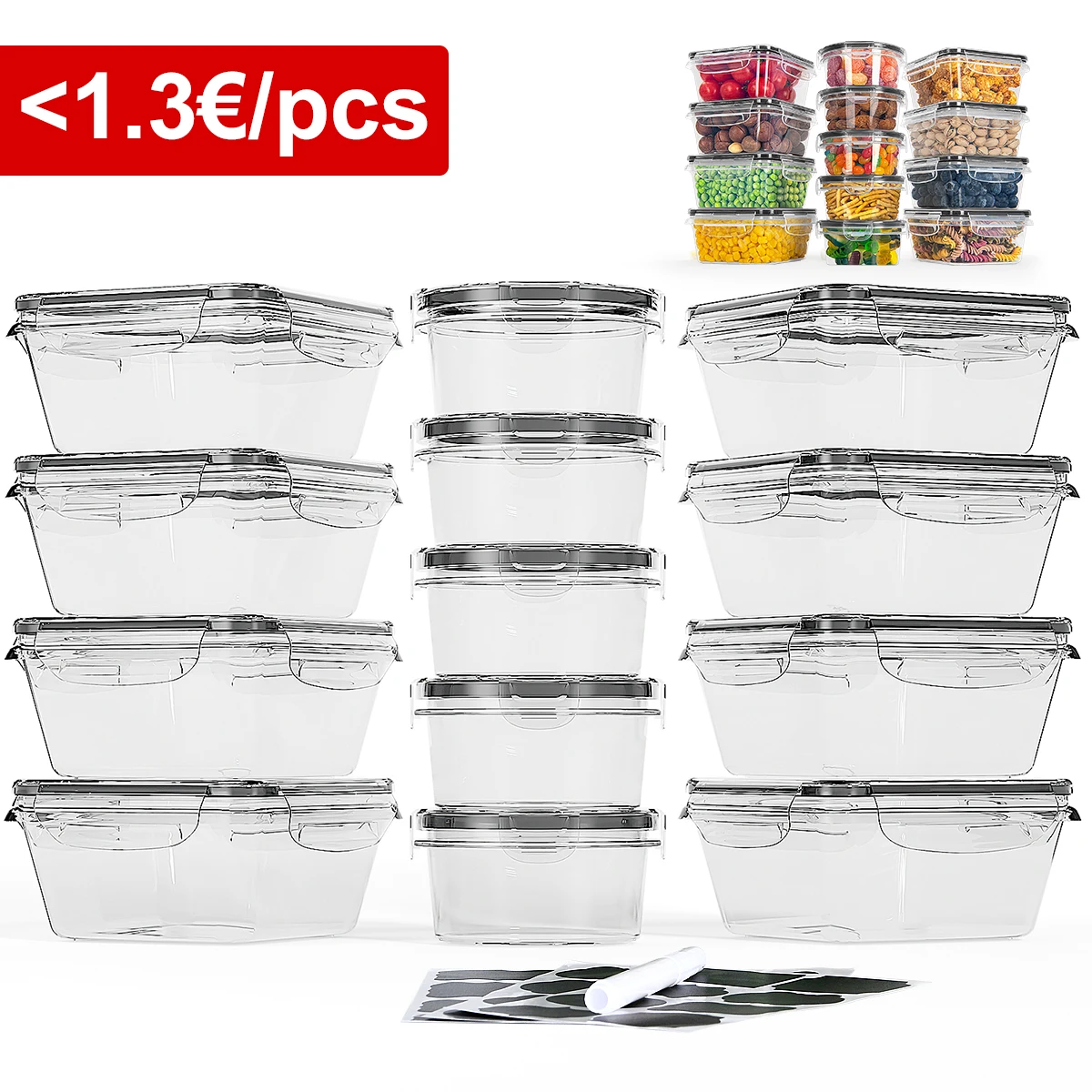 Contenedores de almacenamiento de alimentos con tapas, recipientes para congelador, fiambrera, 26 piezas (13 recipientes, 13 tapas), 8x0,55 L y 5x0,24 L