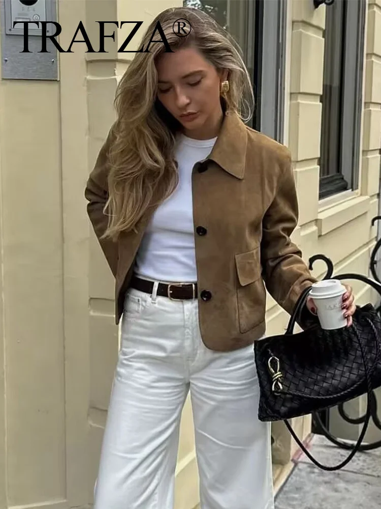 

HH Autumn Women Casual Suede Lapel Jacket Fashion Long Sleeves Crop Coat Pockets Female Chic Single Breasted Outerwear