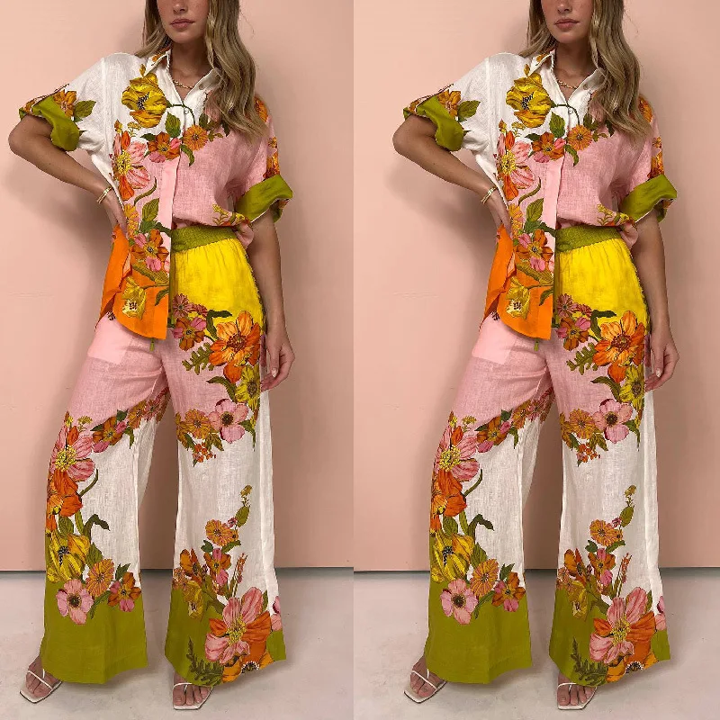

2026 New Printed Cotton-linen Two-piece Set: Top + Wide-leg Pants Summer Long Dress Clothing Outfits Elegant