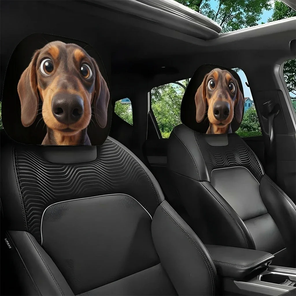 2Pcs Car Headrest Covers Featuring A Cute Dachshund With Big Eyes Does Not Include Filling For Car Decoration