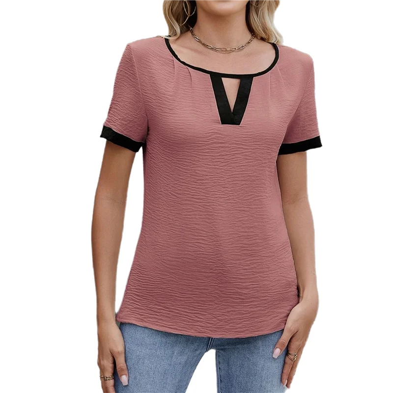 

ABRT-Women's Dressy Casual Blouses Business Casual Work Top Color Block V Neck Short Sleeve Shirts Summer 2025