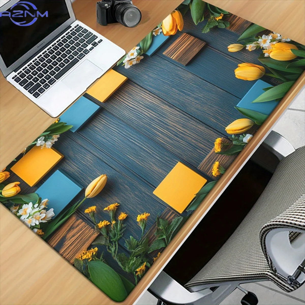 1 XXL Rubber Sole Mouse Pad for Gaming and Office - in a Contrasting Blue Design with Yellow Tulips and Green Leaves. This Versa