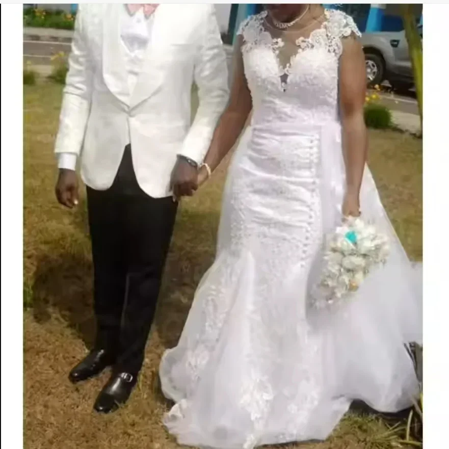 Customized African Shinny Pearls Beaded  Mermaid Wedding Dresses Lace Applique Cap Sleeves Bridal Gown With Detachable Skirt