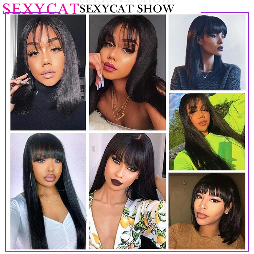 SexyCat 1B Straight Human Hair Wigs with Bangs None Lace Front Wigs Glueless Machine Made Wigs for Black Women Natural Color