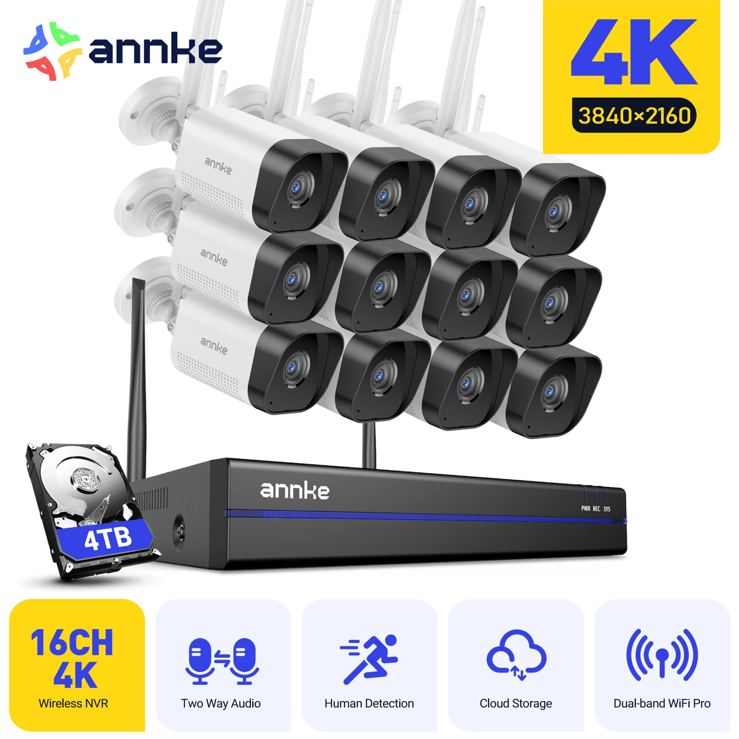 

ANNKE 8MP Wireless CCTV System 16CH NVR Night Vision WiFi Camera Kit Two Way Audio poe camera 4/8/12Pcs Wifi security camera