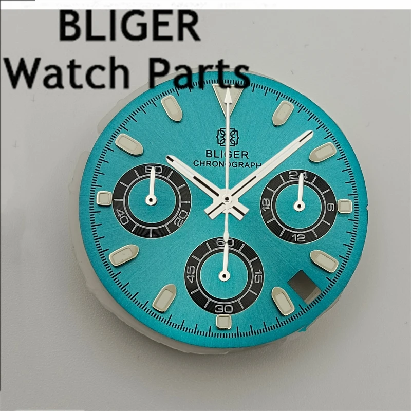 

BLIGER 29.4mm Sky blue dial and 6- hand quartz movement Green luminous watch dial Suitable for VK63 quartz movement